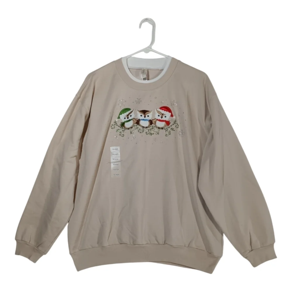 Vintage Morning Sun Embellished Owl Christmas Sweatshirt Embroidered NOS/ NWT XL - Picture 2 of 8